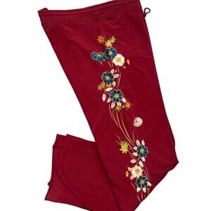 Vintage Y2K Lucky Brand Sweatpants Womens L Burgundy Embroidered Floral Tattoo